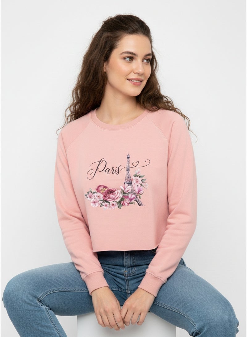 U.S Apparel Women’s Graphic Cropped Sweatshirt – Soft Cotton Blend Paris Print, Pink Sweatshirt - Image 3